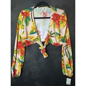 Bar III Hibiscus Tropical Print Tie-Front Top Festival Island Vibes Vacation Med